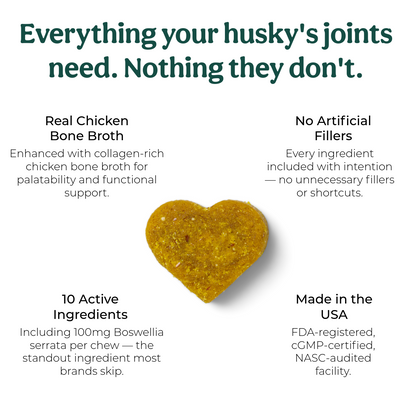 Heart-shaped dog treat with text highlighting features on a white background