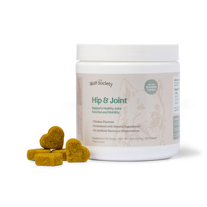 Container of 'Hip & Joint' supplement for dogs with heart-shaped treats on a white background